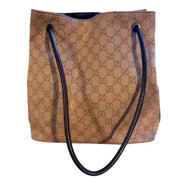 Auth. Vintage Gucci Tan GG Canvas Tote Shoulder Bag